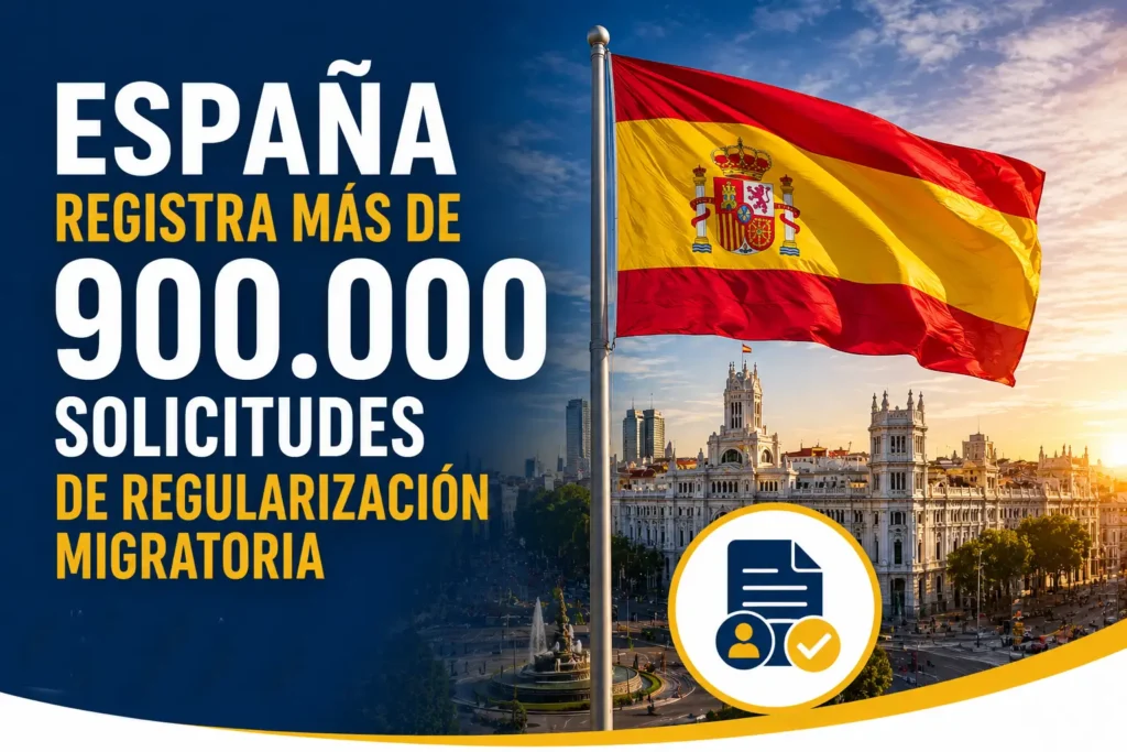 Regularización migratoria en España: bandera española sobre Madrid tras superar las 900.000 solicitudes de regularización.
