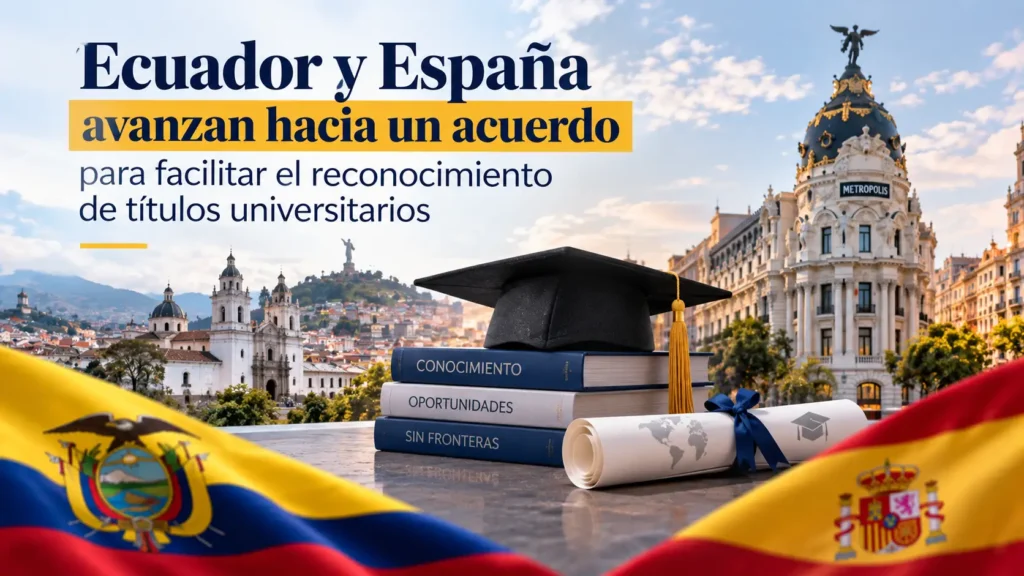 Ecuador y España avanzan hacia un acuerdo para facilitar el reconocimiento de títulos universitarios, con banderas de ambos países y elementos académicos.
