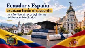 Ecuador y España avanzan hacia un acuerdo para facilitar el reconocimiento de títulos universitarios, con banderas de ambos países y elementos académicos.