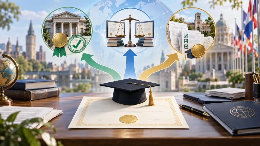 Ilustración conceptual sobre reconocimiento de títulos universitarios, con diploma, birrete, documentos académicos y rutas visuales que representan homologación, equivalencia y convalidación en un contexto internacional.